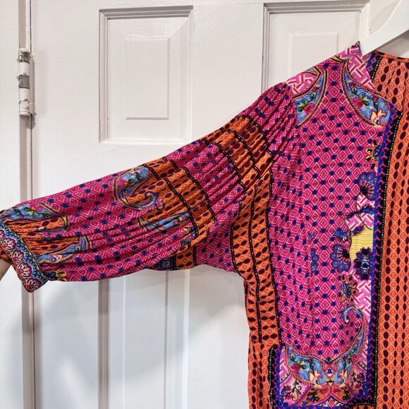 BHANUNI Anthropologie Viscose Emilia Peasant Vibrant Pink Oversize Beaded Top XS - Picture 4 of 14